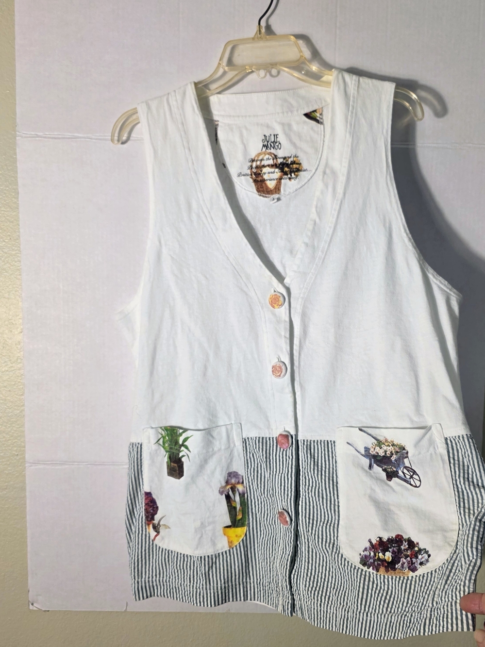 Vintage 90s Julie Mango Cottagecore Garden Seersucker Button Up Tunic Vest
